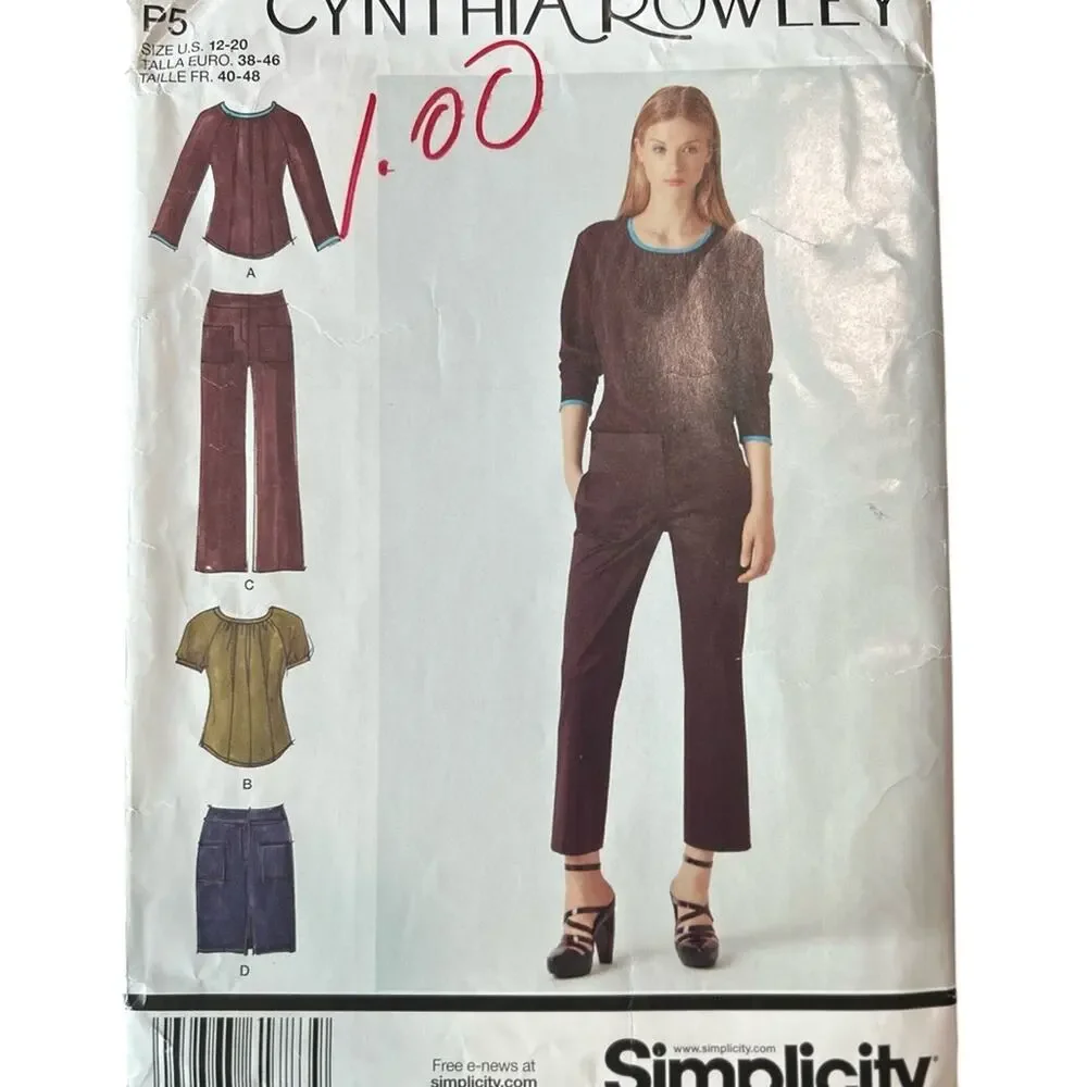 Cynthia Rowley Women's sewing pattern 1785 shirt crop pant skirt sets- Sz 12-20
